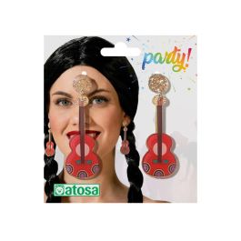 Boucles d'oreilles décoratives en forme de guitare rouge avec motifs floraux pour déguisement musical, mexicain ou flamenco