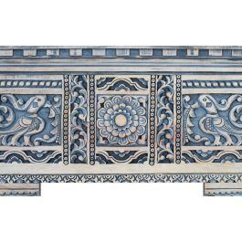 GINER Y COLOMER Console d'entrée en bois de manguier avec colonnes et panneau frontal sculptés à la main, finition blanc lavé et bleu