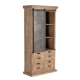 GINER Y COLOMER Buffet industriel en bois de manguier et métal, 4 tiroirs et 1 porte coulissante, couleur naturel, finition noyer foncé