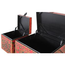 GINER Y COLOMER Fabrica2 - Coffre de rangement en bois de manguier peint à main rouge à motifs floraux dorés et noirs - 2 pièces (35x54x44 cm et 31x31x31 cm)