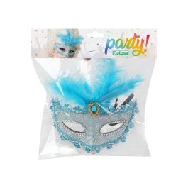 Masque vénitien bleu avec dentelle et plumes pour carnaval, fête ou photos