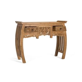 GINER Y COLOMER Console en bois de teca massif 100 cm avec 2 tiroirs à motifs floraux - Style balinéis - Structure pattes courbées - Meuble d'entrée décoratif