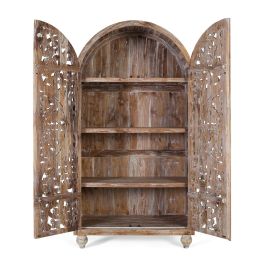 GINER Y COLOMER, Buffet Bois de Teca Ancien avec Sculpture Artisanale, Finition Blanc Lavé, 4 Tablettes Intérieures, 188x100x50 cm, Assemblé - Sans Montage