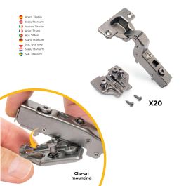 Emuca Lot de 20 charnières super coudées X91 à fermeture amortie et embases Euro, Hauteur 0, Acier, Titane