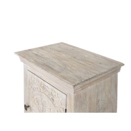 GINER Y COLOMER Table de Chevet en Bois de Mango Acajou, Finition Sable avec Porte Sculptée à la Main, Tiroir et Poignée Noire