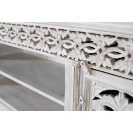 GINER Y COLOMER - Meuble TV en bois de manguier massif couleur blanc vieilli, 2 portes avec détails sculptés main, 180x40x60 cm