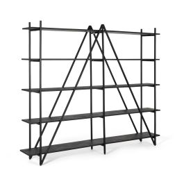 GINER Y COLOMER - Bibliothèque / Étagère industrielle moderne en fer et MDF noir - 5 étagères - Dimensions: 220 cm de largeur, 52 cm de hauteur totale