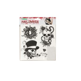 Tatouages Temporaires Blanc et Noir avec Crânes, Fleurs et Chapeaux - Lot de 15 Décalcomanies Éphémères pour Adultes