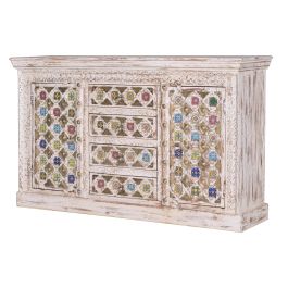GINER Y COLOMER Buffet en bois de manguier avec détails en céramique et bronze, finition blanc vieilli, 150 x 45 x 95 cm Precio: 1223.988. SKU: B16RPNCJ8J
