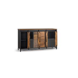 GINER Y COLOMER - Buffet en bois de manguier et métal noir et naturel, style industriel avec 2 portes coulissantes et 3 tiroirs - 150 cm de long