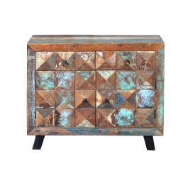 GINER Y COLOMER - Commode en bois recyclé multicolore avec deux portes sculptées main en forme de diamant et deux tiroirs - 87x100x40 cm