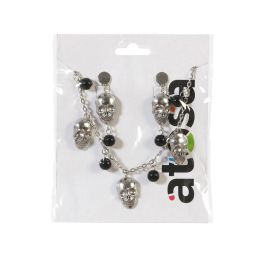 Set collier et boucles d'oreilles crâne argenté avec détails noirs - Accessoire de déguisement pour Halloween, style gothique