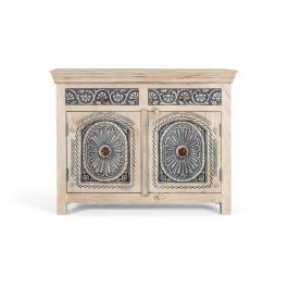 GINER Y COLOMER - Buffet en bois de manguier sculpté artisanalement, 2 tiroirs et 2 portes, finition blanc lavé et bleu profond - Dimensions : 105x31x? cm Precio: 1127.988. SKU: B12APB4QF9
