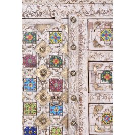 GINER Y COLOMER Buffet en bois de manguier avec détails en céramique et bronze, finition blanc vieilli, 150 x 45 x 95 cm