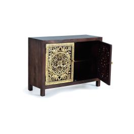 GINER Y COLOMER Commode en bois de manguier massif couleur noyer avec détails en bronze doré, meuble artisanal à finition unique