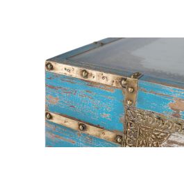 GINER Y COLOMER Table basse en bois de manguier vieilli bleu et blanc, dessus en verre transparent, design rustique artisanal, 150 x 90 x 46 cm