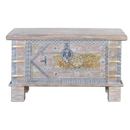 GINER Y COLOMER - Baûl de Mango Vieilli Blanc - Coffre en Bois Massif avec Détails en Bronze - Ouverture Supérieure - Meuble Artisanal