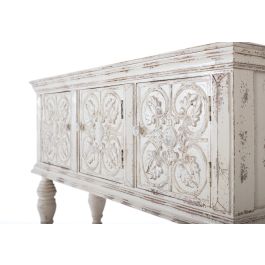 GINER Y COLOMER Console en Bois de Mango Blanc Décaper 3 Portes Sculptées Main avec Étagère Inférieure et Pieds Tournés - 148x44x103 cm