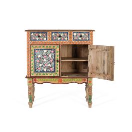 GINER Y COLOMER GC-Artisan Buffet d'Entrée en Bois de Mango avec Décoration Florale Peinte à Main - 3 Tiroirs et 2 Portes - 22x83x40 cm