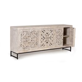 GINER Y COLOMER - Buffet en bois de manguier massif et métal avec 4 portes, 3 tiroirs, finition blanc vieilli - 80 x 190 x 38 cm