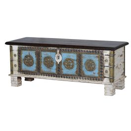 GINER Y COLOMER Buffet en bois de manguier blanc vieilli et cerisier avec détails bleus et bronze - 116 x 40 x 45 cm, grande capacité Precio: 443.988. SKU: B13AEKTR54