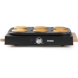 DOMO DO8717P Crêpière 1000 W - 6 Crêpes Ø 11,5 cm - Plaque Anti-adhésive - Thermostat Réglable - Noir et Bois