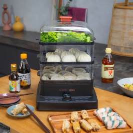 Livoo DOC300 Cuiseur Vapeur 3 Paniers 12L - 1000-1200W - Marque Livoo x Marmiton avec 20 Recettes Exclusives - Minuteur 60 Min