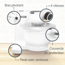 Bosch MUMS2AW21 Robot Pâtissier Serie 2 - 700 W - Bol 3.8 L - 4 Vitesses - avec 3 Disques et Hachoir à Viande - Blanc