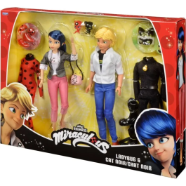 Miraculous Pack 2 Figurines 26 cm - Marinette et Adrien avec Tenues Ladybug et Chat Noir et Accessoires - BANDAI