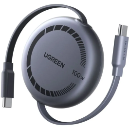 Câble UGREEN USB-C vers USB-C PD, rétractable, charge rapide 100W, transfert de données, 1 mètre, design noir moderne