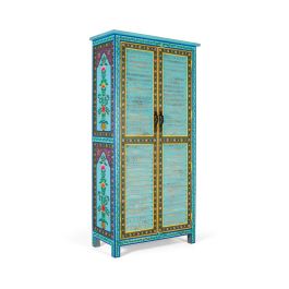 GINER Y COLOMER - Armoire en bois de manguier style artisanal, portes à lattes, étagères et barre à vêtements, peinture bleue vibrante
