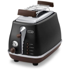 Delonghi CTOV2103.BK Grille-pain 2 Fentes 900 W Noir Mat/Chocolat - 6 Niveaux de Brunissage, Remontée Extra Haute, Ramasse-Miettes