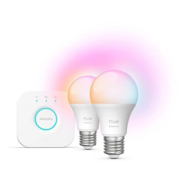 Philips Hue Essential - Kit de démarrage éclairage intelligent - 1 Bridge + 2 Ampoules A60 connectées - Blanc réglable et couleurs - Contrôle vocal et application