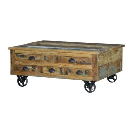 Table basse en bois recyclé avec 5 tiroirs et roulettes en métal multicolore - 110 x 70 x 42 cm Precio: 647.988. SKU: B1H3KJJK53
