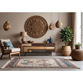 GINER Y COLOMER Meuble TV Texturiza2 - Buffet en bois de manguier avec décor géométrique, 2 portes et 3 tiroirs - Marron