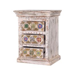 GINER Y COLOMER Table de nuit en bois de manguier avec incrustations de céramique et bronce, finition blanc vieilli, 3 tiroirs, 65 x 50 x 40 cm