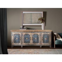 GINER Y COLOMER Aparador Buffet en Bois de Teca Massif Sculpté à la Main, Finition Bicolore Naturel et Bleu Patiné, 95x40 cm