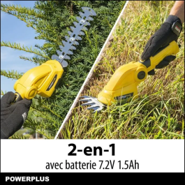 Powerplus CISAILLE À GAZON ET SCULPTE-HAIE SUR BATTERIE 7.2 V POWXG2033 - Largeur coupe 100 mm, Lame taille-haie 180 mm, Vitesse 1200 min-1