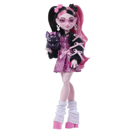 Monster High JHK29 - Poupée Draculaura et son animal prête pour l'école avec 7 accessoires, robe rose et veste noire
