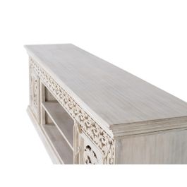 GINER Y COLOMER - Meuble TV en bois de manguier massif couleur blanc vieilli, 2 portes avec détails sculptés main, 180x40x60 cm