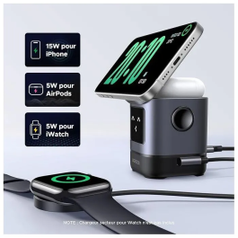Ugreen Robot Qi2 Station de charge sans fil 2 en 1 Noir - Recharge rapide pour iPhone MagSafe et autre appareil, support intégré