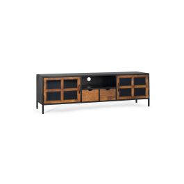 GINER Y COLOMER - Buffet TV industriel en métal et bois de manguier 180x40x56 cm, 2 portes et 2 tiroirs en verre - Noir et naturel