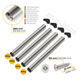 Emuca Lot de 4 pieds de table, diamètre 60mm, H 710mm, Acier, Nickel satiné