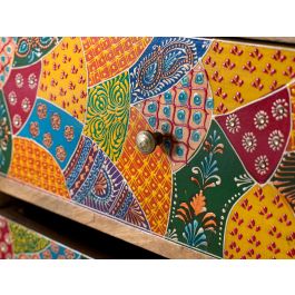 GINER Y COLOMER Commode en bois de manguier avec 14 tiroirs peints à la main, motifs géométriques et floraux, finition naturelle, 120 x 40 x 91 cm