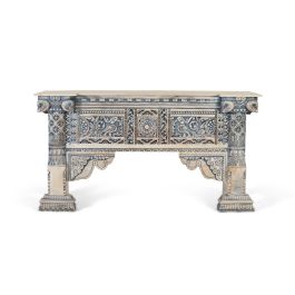 GINER Y COLOMER Console d'entrée en bois de manguier avec colonnes et panneau frontal sculptés à la main, finition blanc lavé et bleu Precio: 1583.988. SKU: B18R7MX3WT