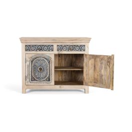 GINER Y COLOMER - Buffet en bois de manguier sculpté artisanalement, 2 tiroirs et 2 portes, finition blanc lavé et bleu profond - Dimensions : 105x31x? cm