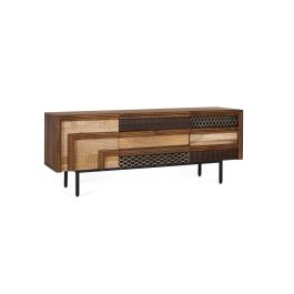 GINER Y COLOMER Meuble TV Texturiza2 - Buffet en bois de manguier avec décor géométrique, 2 portes et 3 tiroirs - Marron
