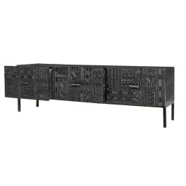 GINER Y COLOMER Buffet TV en bois de manguier massif avec sculpture hiéroglyphe et pattes en fer laqué noir - 180 x 40 x 55 cm