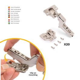 Emuca Lot de 20 charnières super coudées X92 avec fermeture amortie et embases à visser, Hauteur 0, Acier, Nickelé