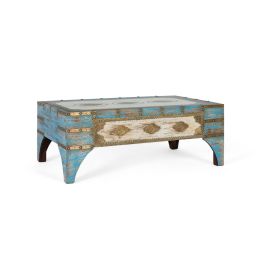 GINER Y COLOMER Table basse en bois de manguier finition vieilli bleu et blanc, style rustique artisanal avec plateau en verre, 120 x 70 x 46 cm